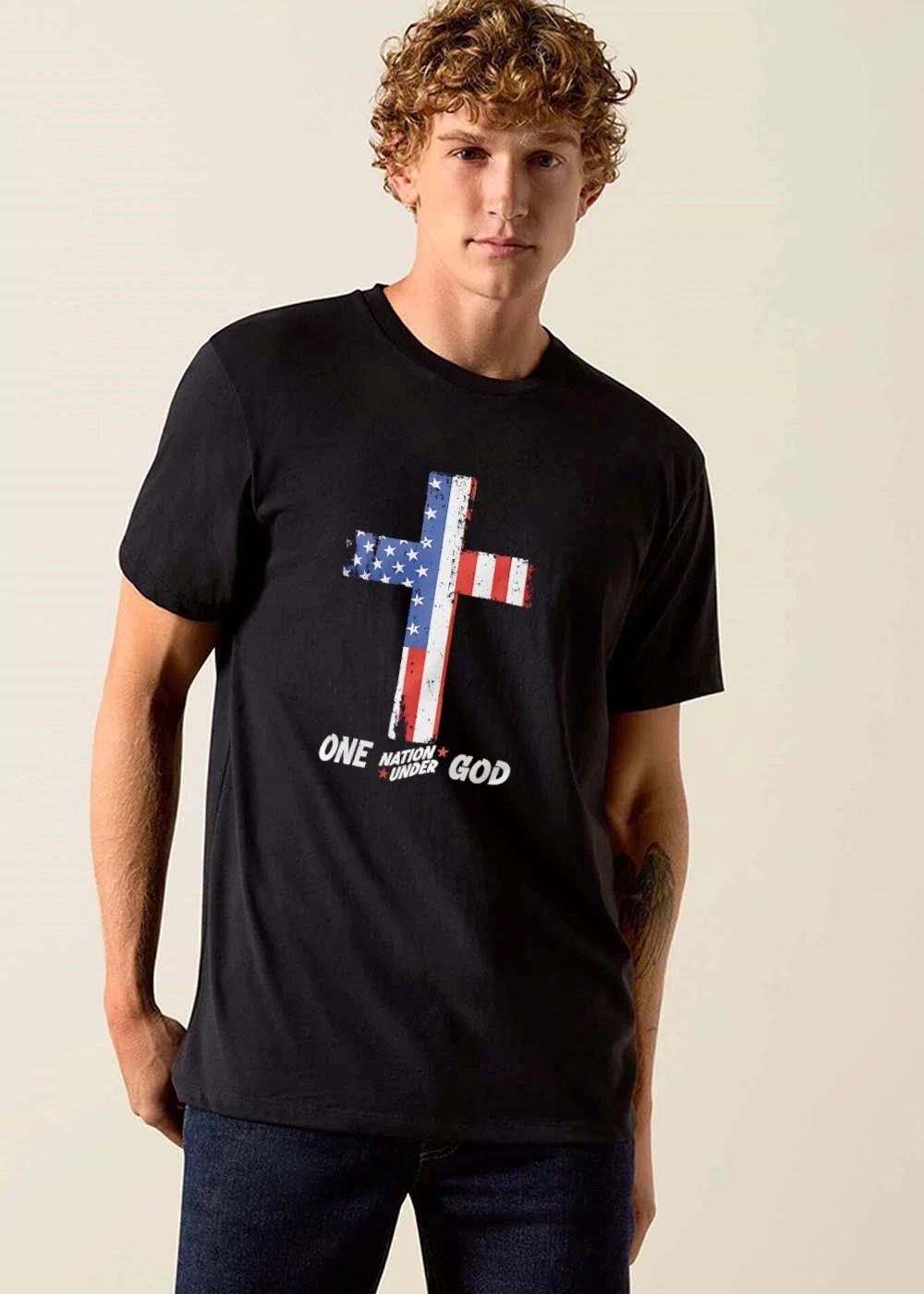 One Nation Under God Distressed Christian Cross American Flag shirt