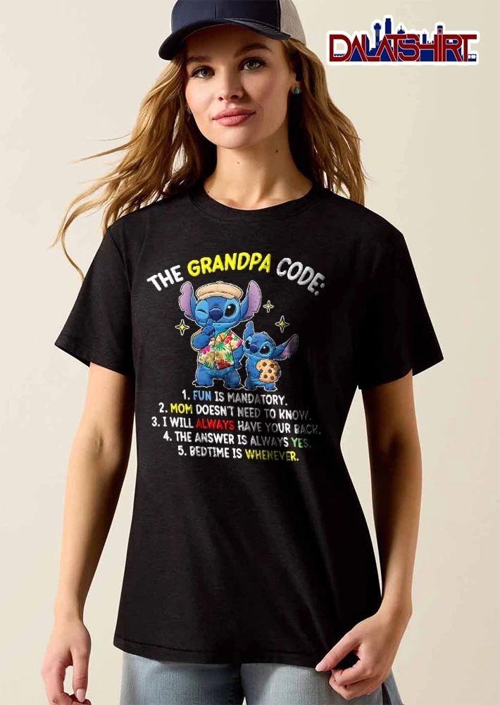 The Grandpa Code Fun Is Mandatory Bedtime Whenever Cartoon Blue Creature In Cap Shushing Little Alien Cookie shirt