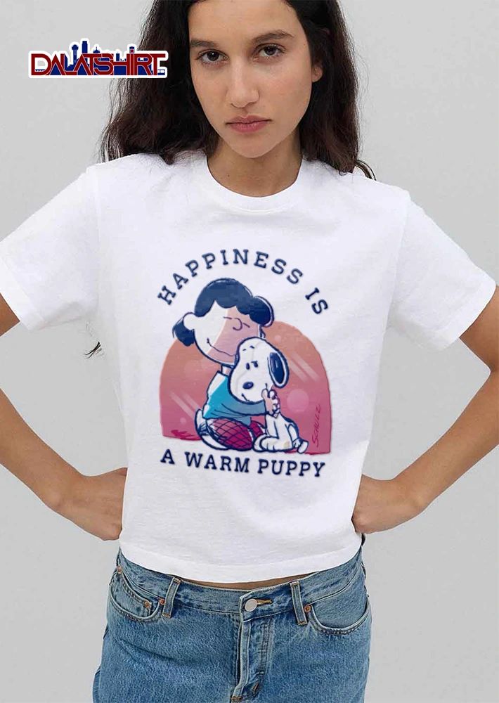 Happiness Is A Warm Puppy Schulz Cartoon Girl Hugging Dog Pink Background shirt