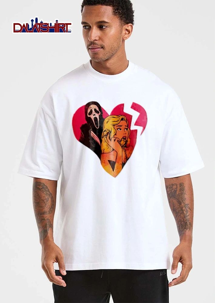 Vintage Retro Cartoon Blonde Woman Phone Ghostface Knife Broken Pink Heart shirt