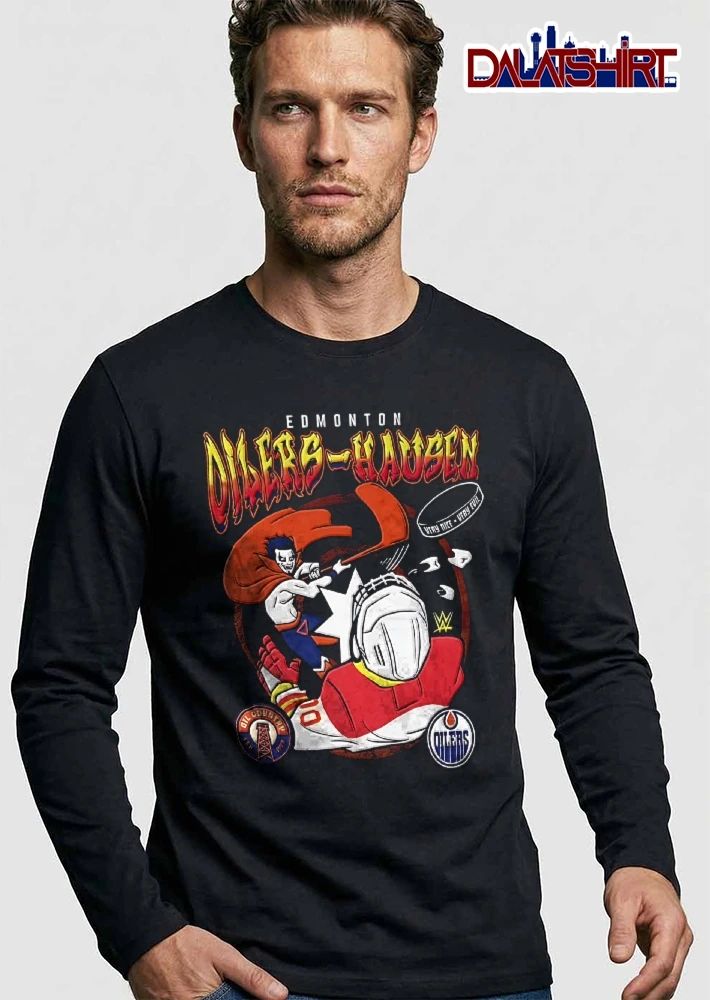 Edmonton Oilers NHL Very Nice Very Evil Danhausen Cartoon Hockey Goalie Teeth Flying shirt
