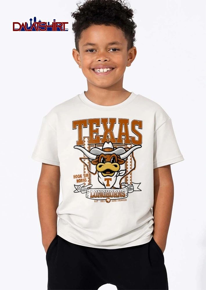 Texas Longhorns NCAA Hook Em Horns Game Changers Est 1883 Cartoon Mascot State Map Outline shirt