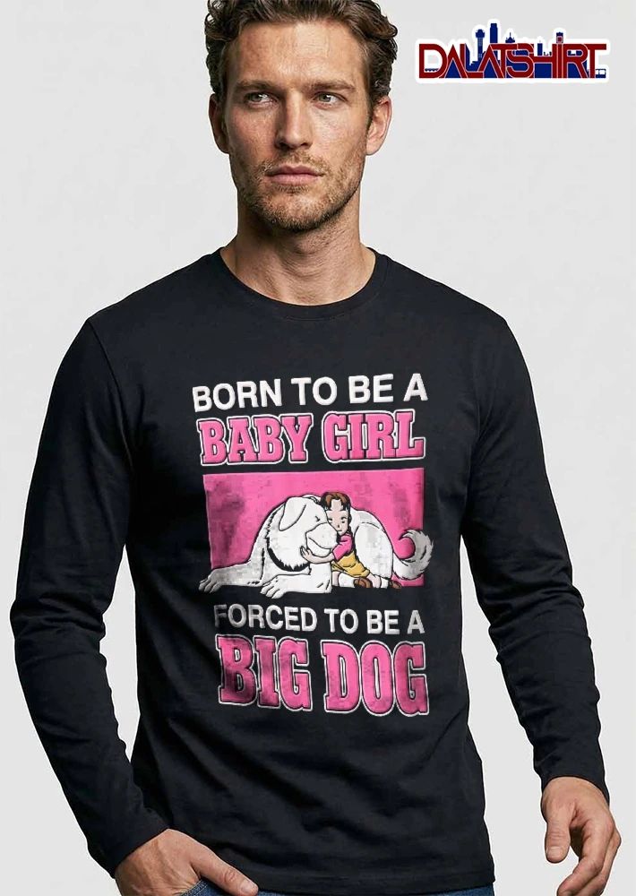 Born To Be A Baby Girl Forced Big Dog Anime Child Hugging Large White Canine Pink Frame Cartoon shirt