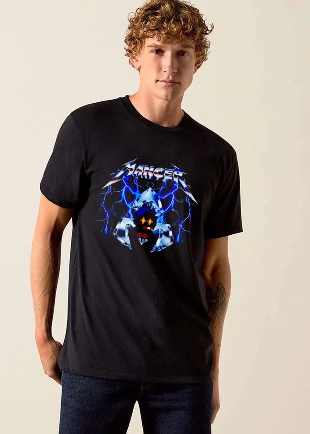 Mancer Pixel Art Character Electric Chair Blue Lightning shirt