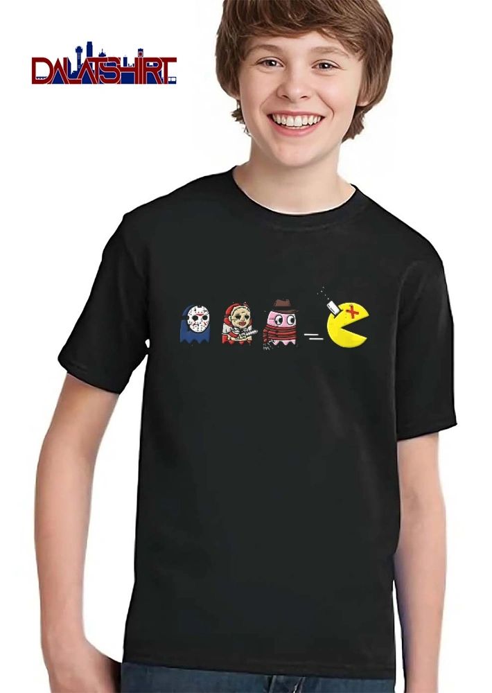 Horror Movie Ghost Villains Chasing Stabbed Pac Man Cartoon shirt