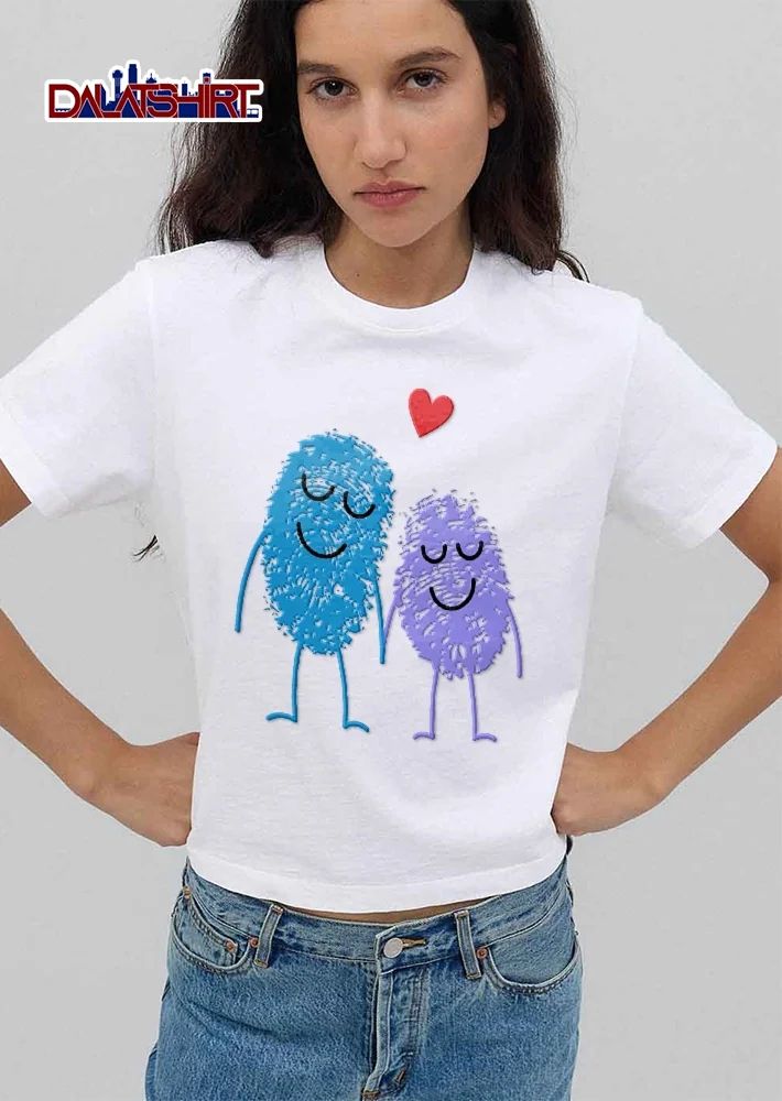 Blue Purple Fingerprint Characters Holding Hands Red Heart Cartoon shirt
