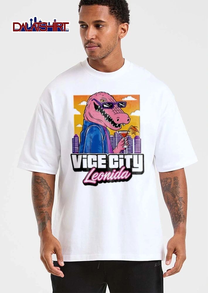 Vice City Leonida Pink Alligator Sunglasses Cocktail Cityscape Cartoon shirt