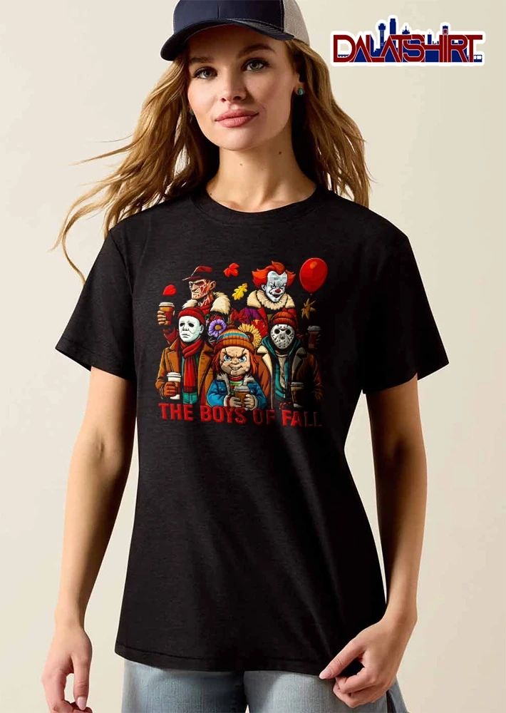The Boys Of Fall Horror Movie Villains Holding Coffee Autumn Leaves Cartoon shirt