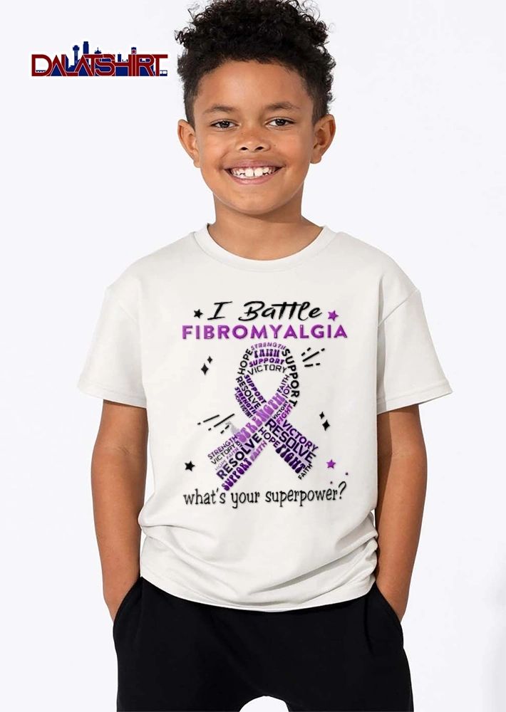 I Battle Fibromyalgia Whats Your Superpower Purple Awareness Ribbon Word Cloud Stars shirt