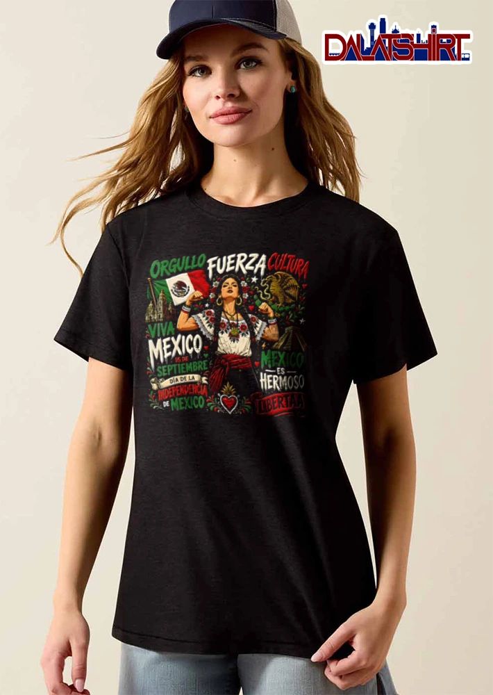 Orgullo Fuerza Cultura Viva Mexico 16 De Septiembre Dia LA Independencia Flexing Woman Flag Eagle Pyramid shirt