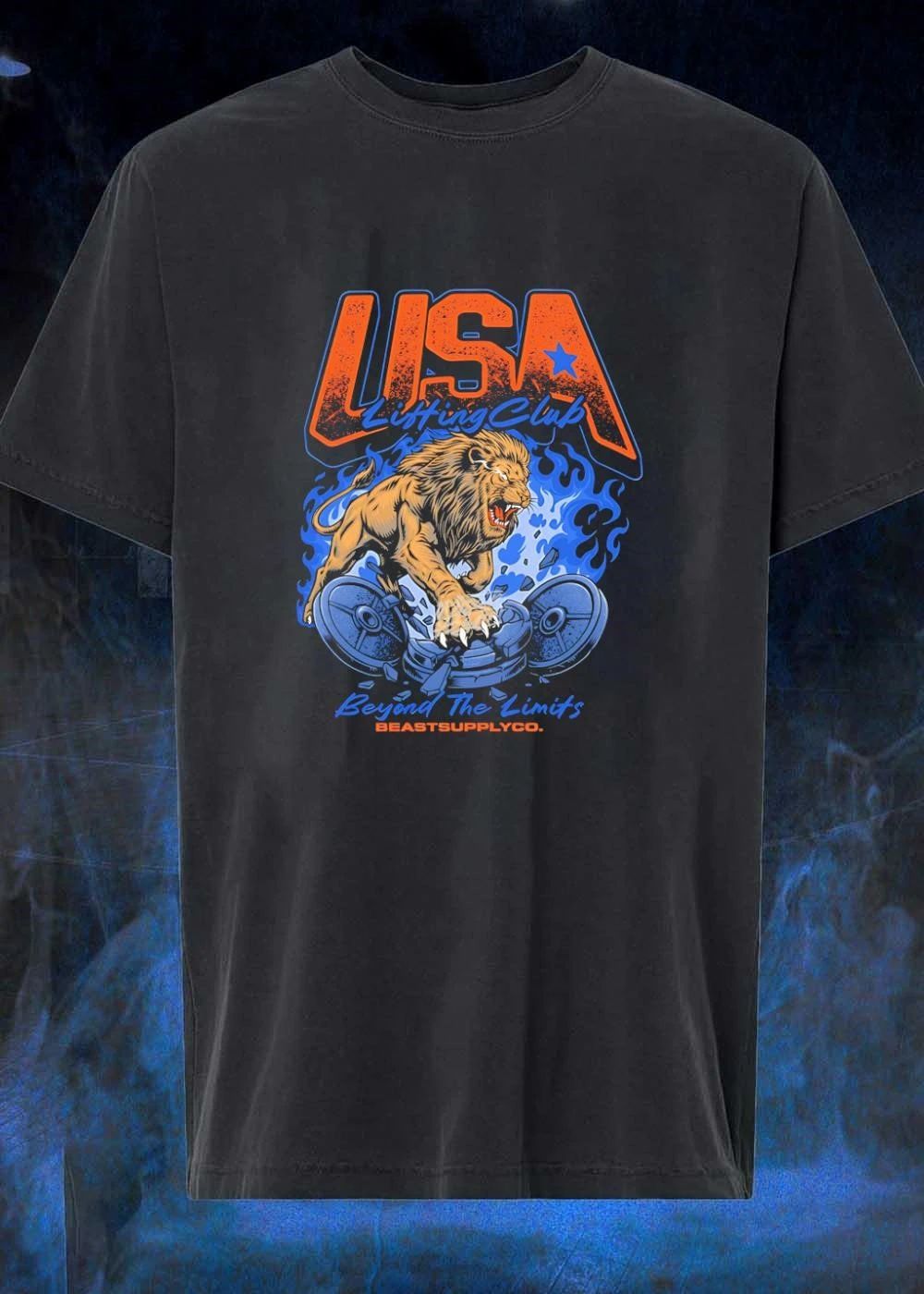 BeastSupplyCo USA Lifting Club Lion Breaking Plates Beyond the Limits T-Shirt