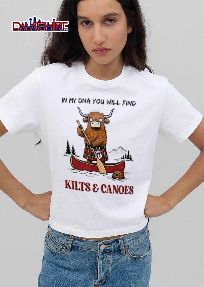 In My Dna You Will Find Kilts And Canoes Cartoon Highland Cow Paddling Beaver shirt