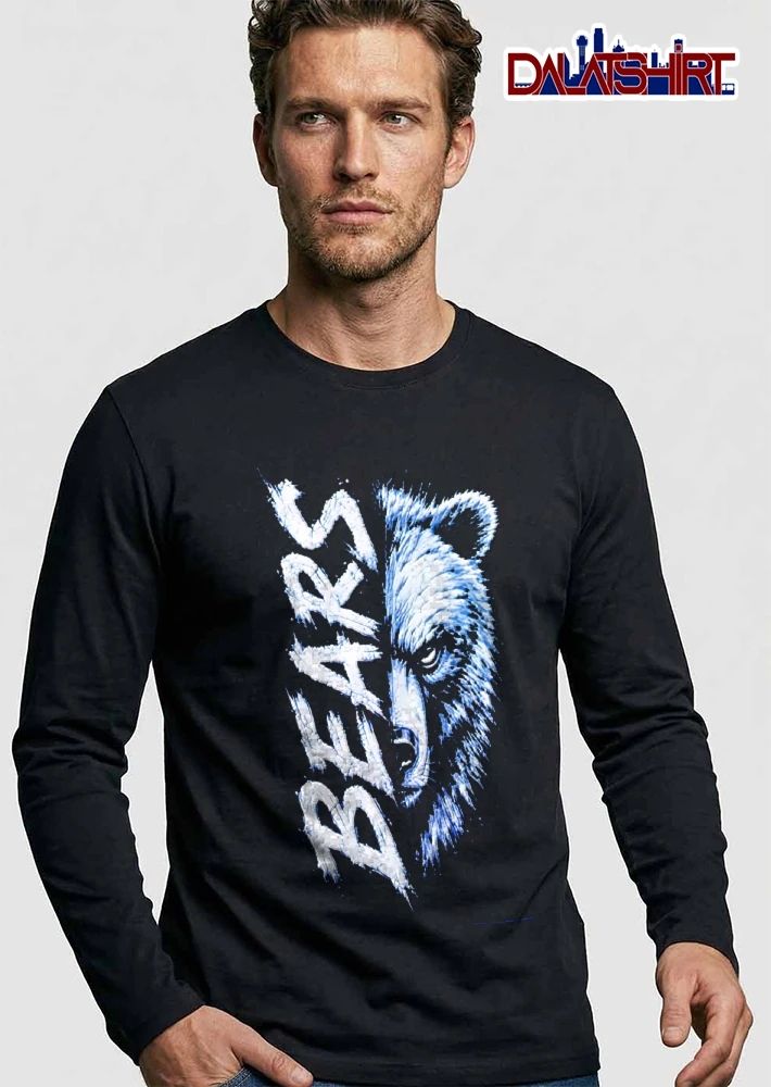 Bears Split Half Bear Head Vertical Text Scratch Art Distressed Blue White shirt
