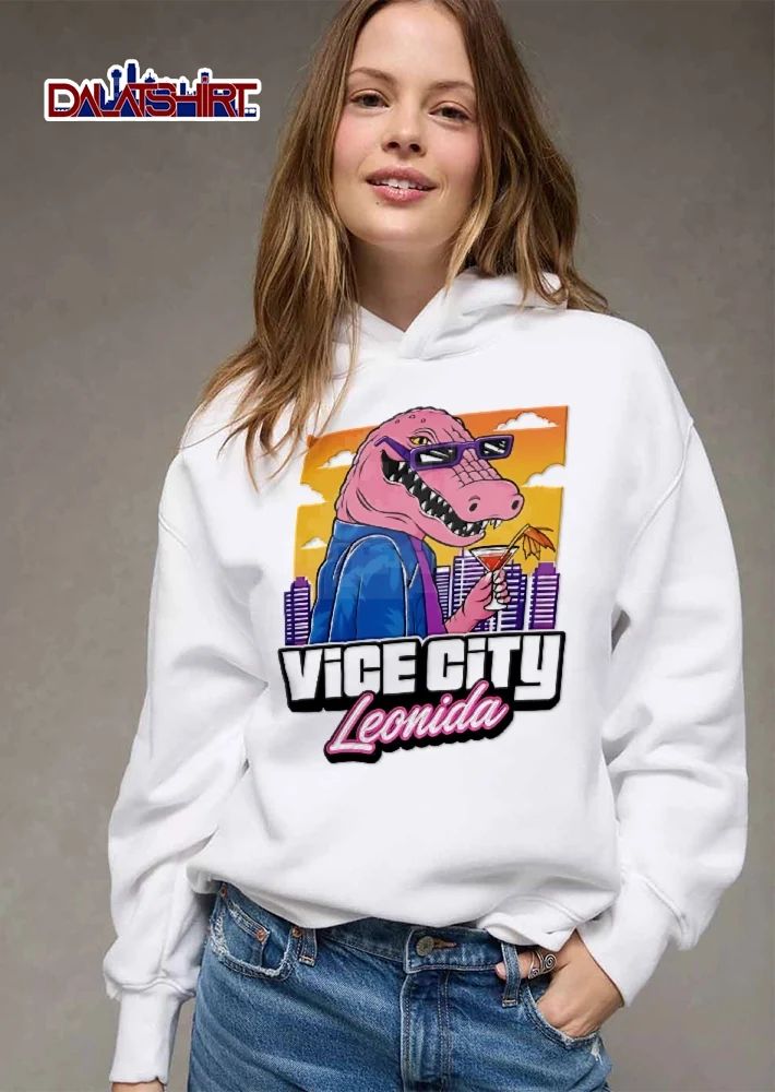 Vice City Leonida Pink Alligator Sunglasses Cocktail Cityscape Cartoon shirt