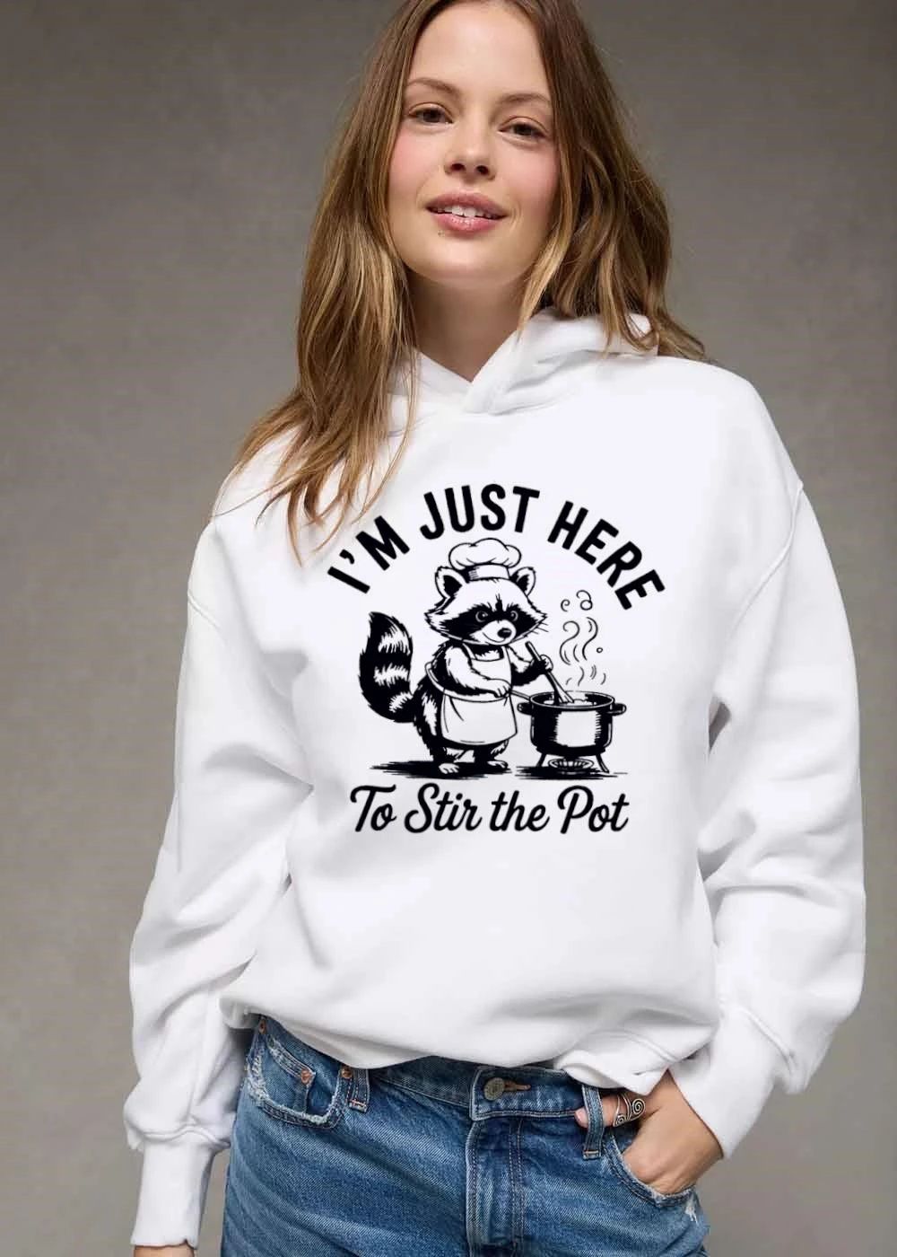Im Just Here To Stir The Pot Cartoon Raccoon Chef Cooking Stew shirt