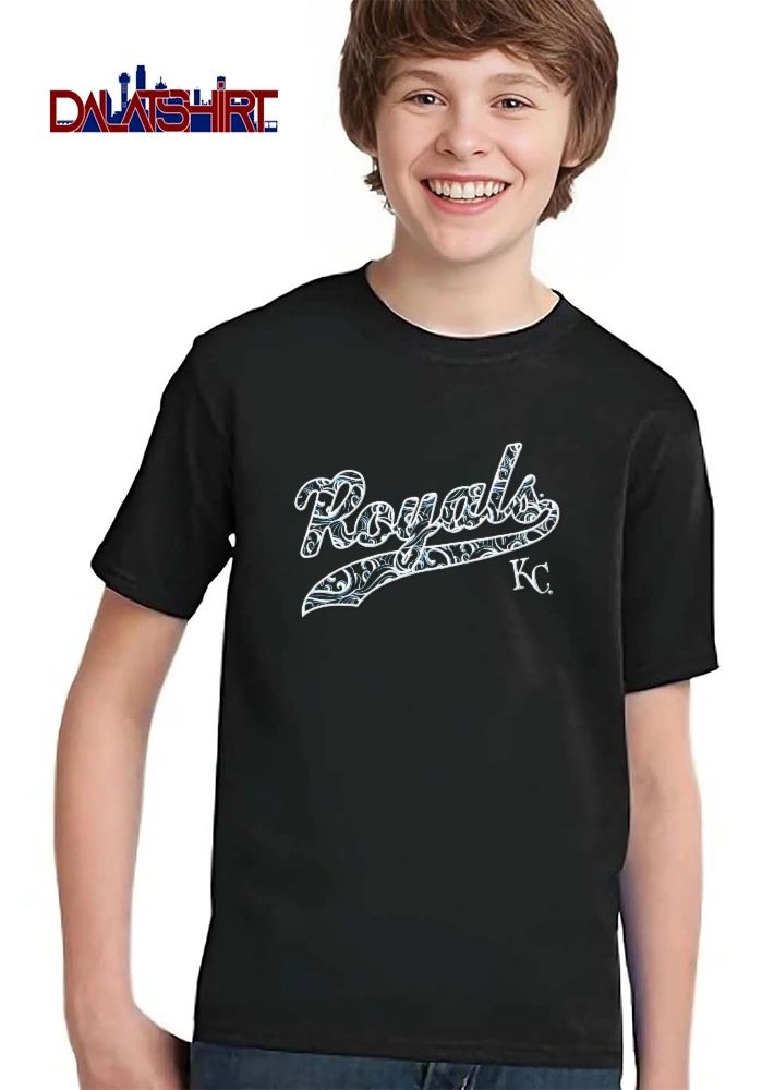 Kansas City Royals MLB KC Ornate Blue White Swirl Script Fill shirt