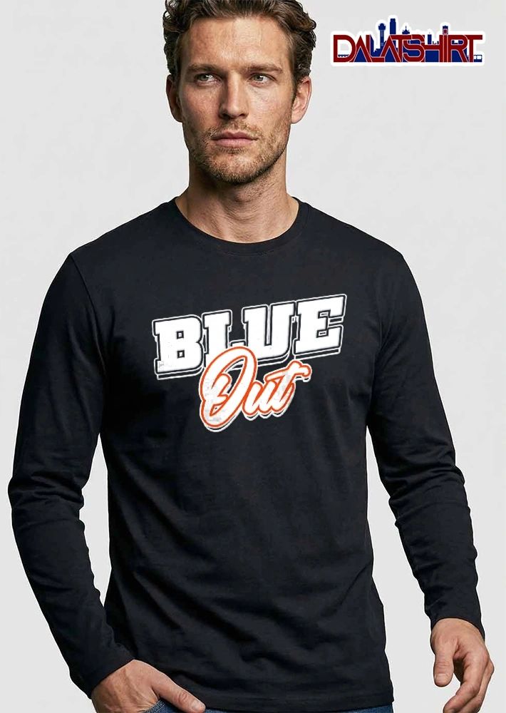 Blue Out White Orange Athletic Block Script Lettering shirt