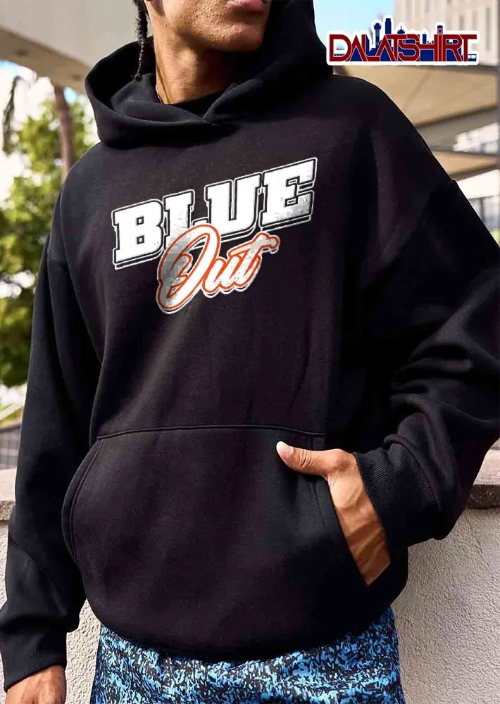 Blue Out White Orange Athletic Block Script Lettering shirt