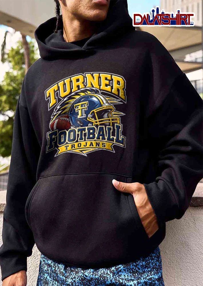 Turner Trojans Football Blue Yellow Helmet Plume Brown Pigskin shirt