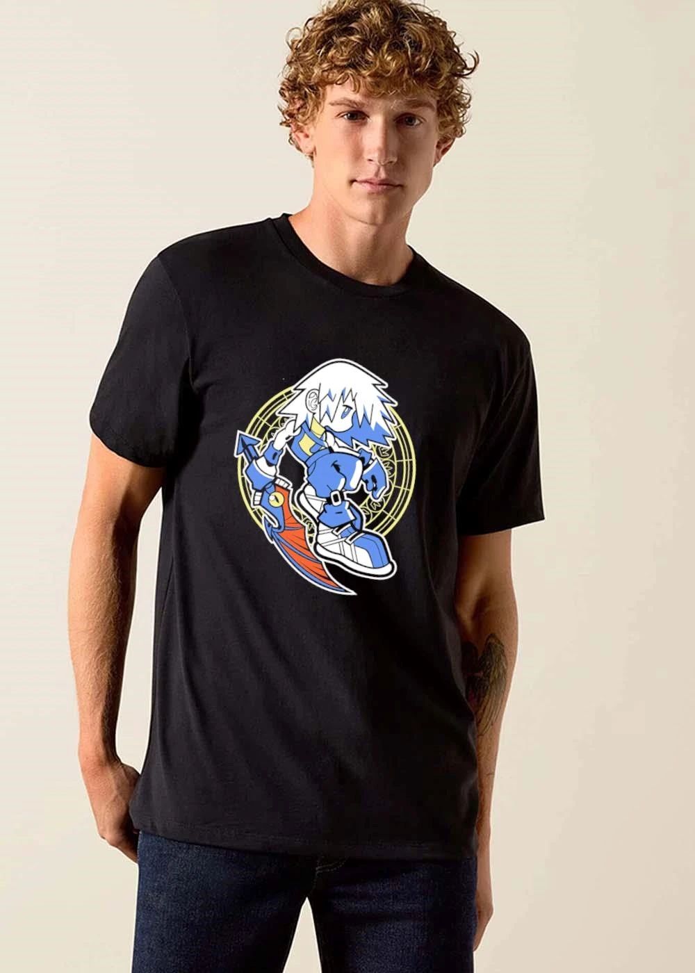Cartoon Anime Warrior Spiky White Hair Holding Winged Sword Magic Circle shirt