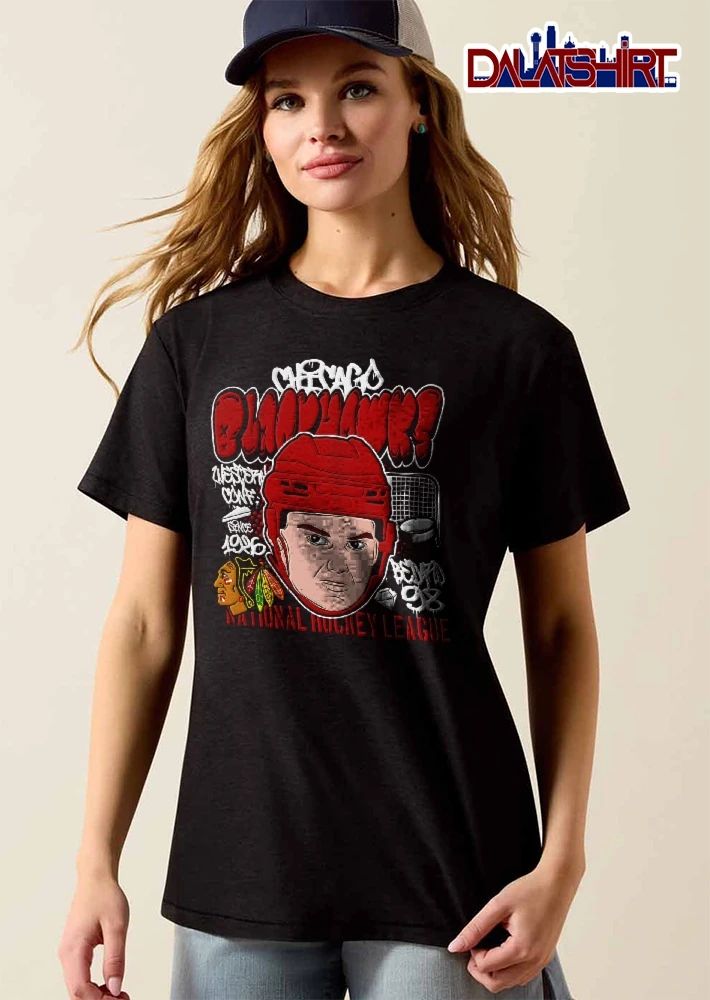 Chicago Blackhawks NHL Western Conf National Hockey League Bedard 98 1926 Graffiti Player Caricature Puck Net Logo shirt
