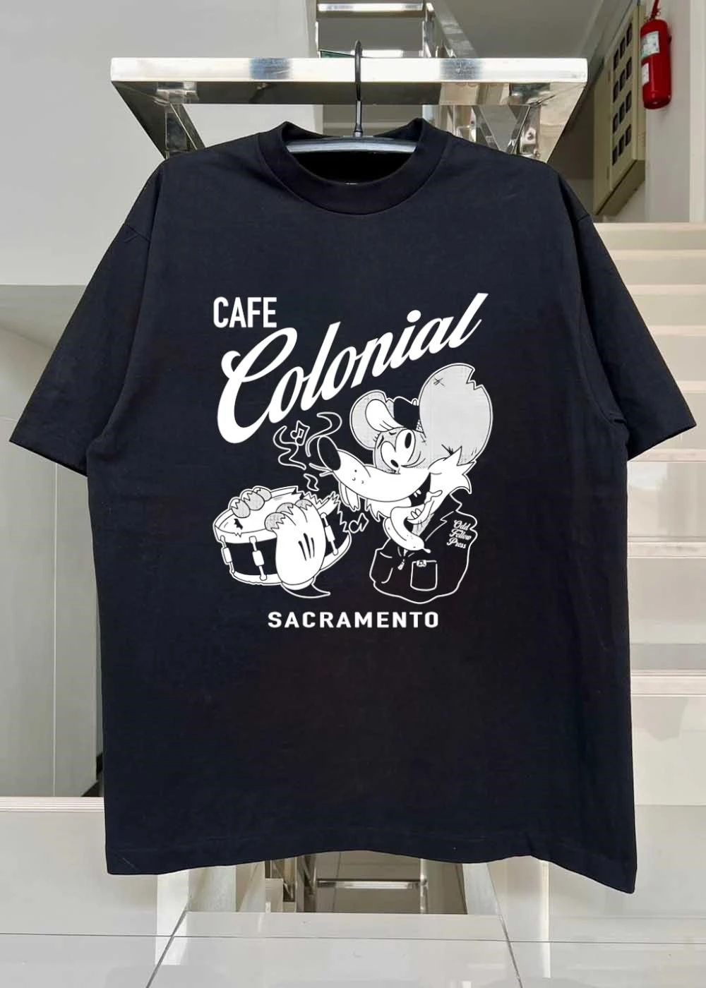 Odd Fellow Press Cafe Colonial Sacramento Mouse Playing Drum T-Shirt
