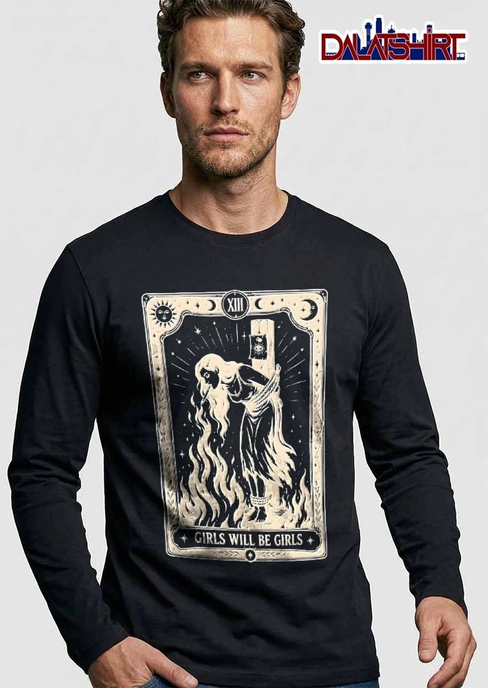 Girls Will Be Woman Tied Stake Lighting Cigarette Flame Tarot Card Line Art shirt