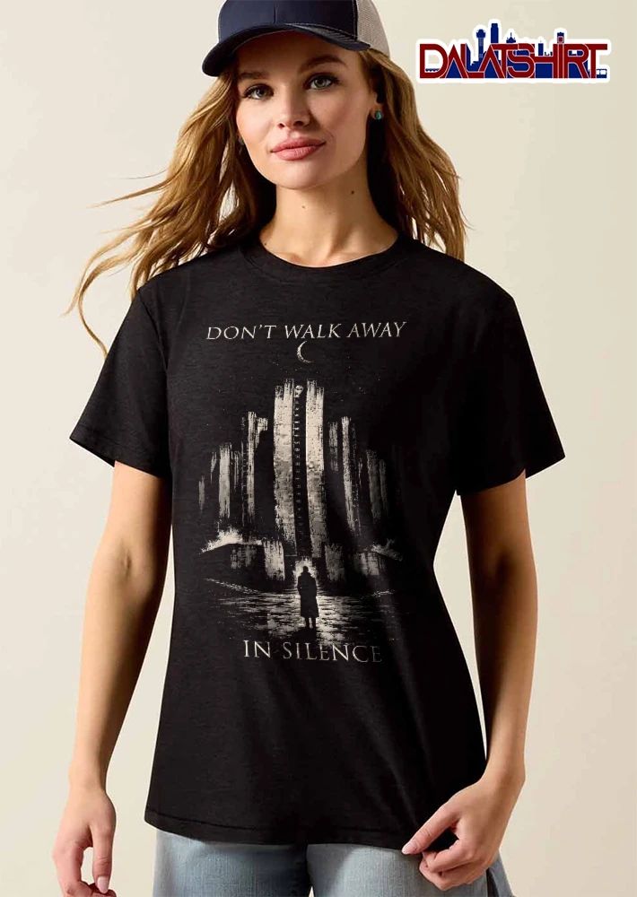 Dont Walk Away In Silence Silhouette Figure Brutalist Monument Crescent Moon shirt