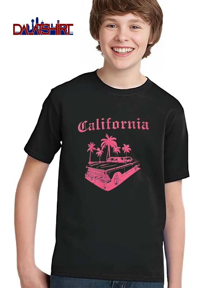 California Pink Vintage Car Palm Trees Distressed shirt