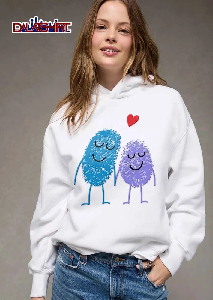 Blue Purple Fingerprint Characters Holding Hands Red Heart Cartoon shirt