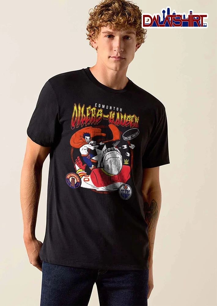 Edmonton Oilers NHL Very Nice Very Evil Danhausen Cartoon Hockey Goalie Teeth Flying shirt