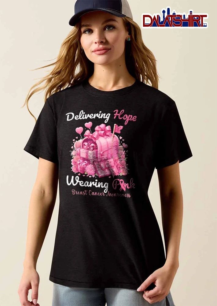 Delivering Hope Wearing Pink Breast Cancer Awareness Mailbox Wrapped Presents Heart Balloons Flowers shirt