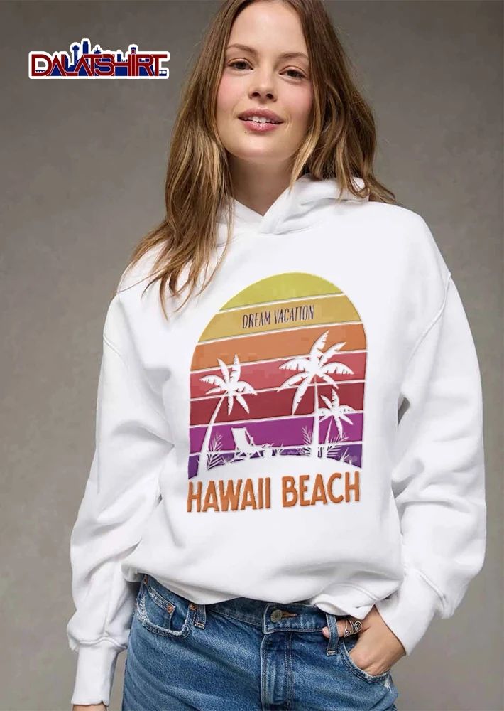 Dream Vacation Hawaii Beach Retro Sunset Arch Silhouette Palm Trees Lawn Chair shirt