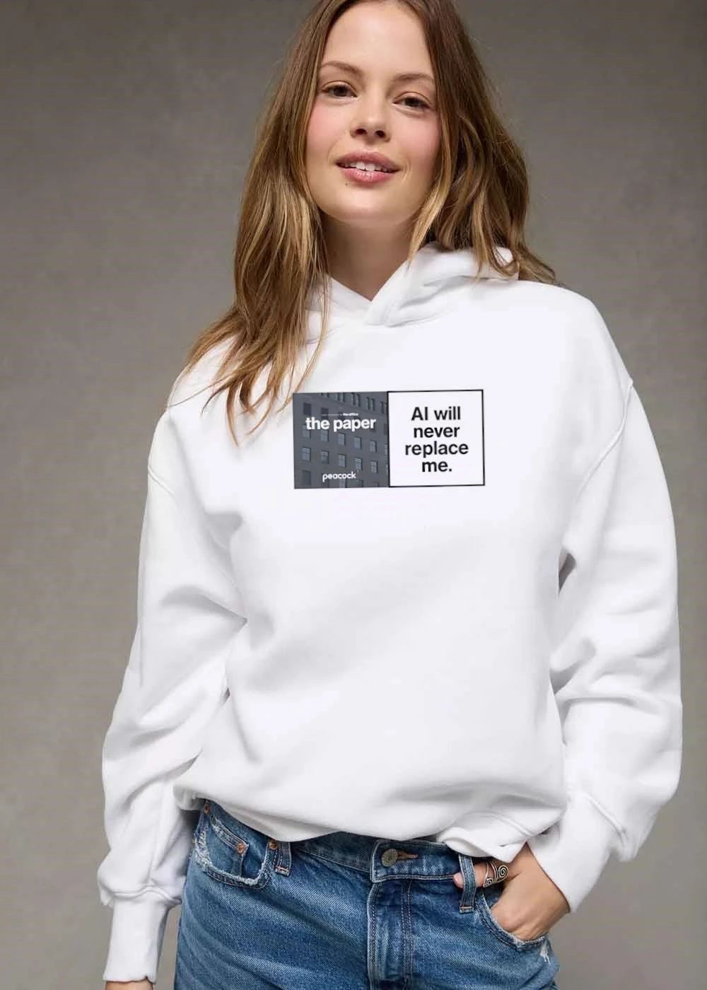The Paper Peacock Ai Will Never Replace Me Split Screen Building Facade Text Box shirt