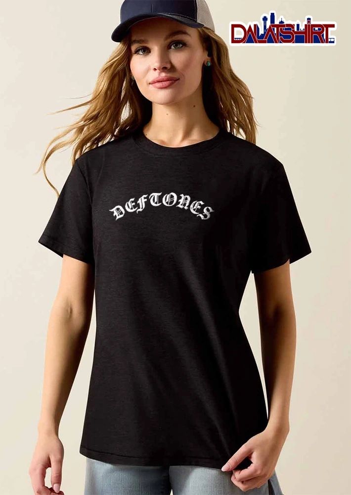 Deftones White Arched Old English Gothic Text Black Background shirt