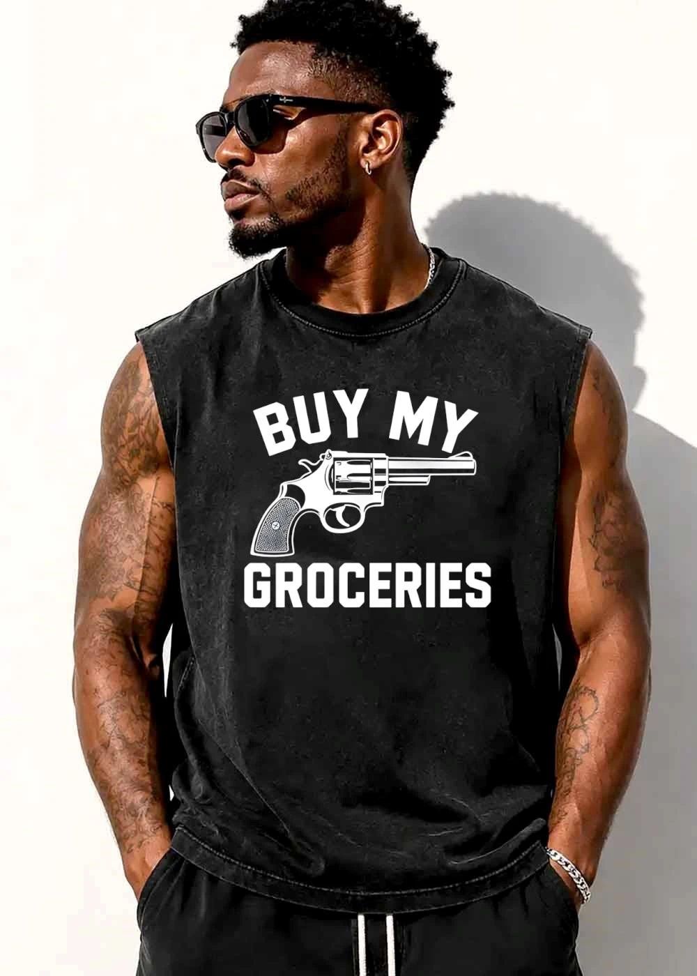 Buy My Groceries Revolver Pistol Handgun Monochrome Line Art shirt