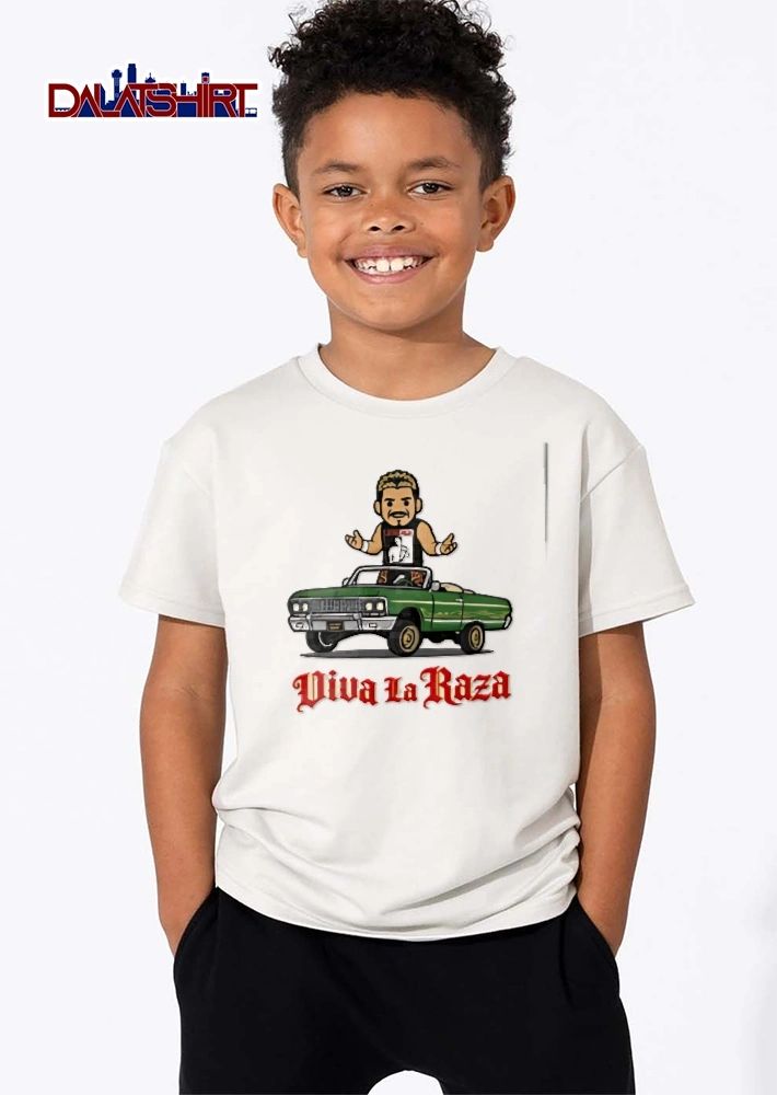 Viva LA Raza Latino Heat Cartoon Wrestler Standing In Green Lowrider Car shirt