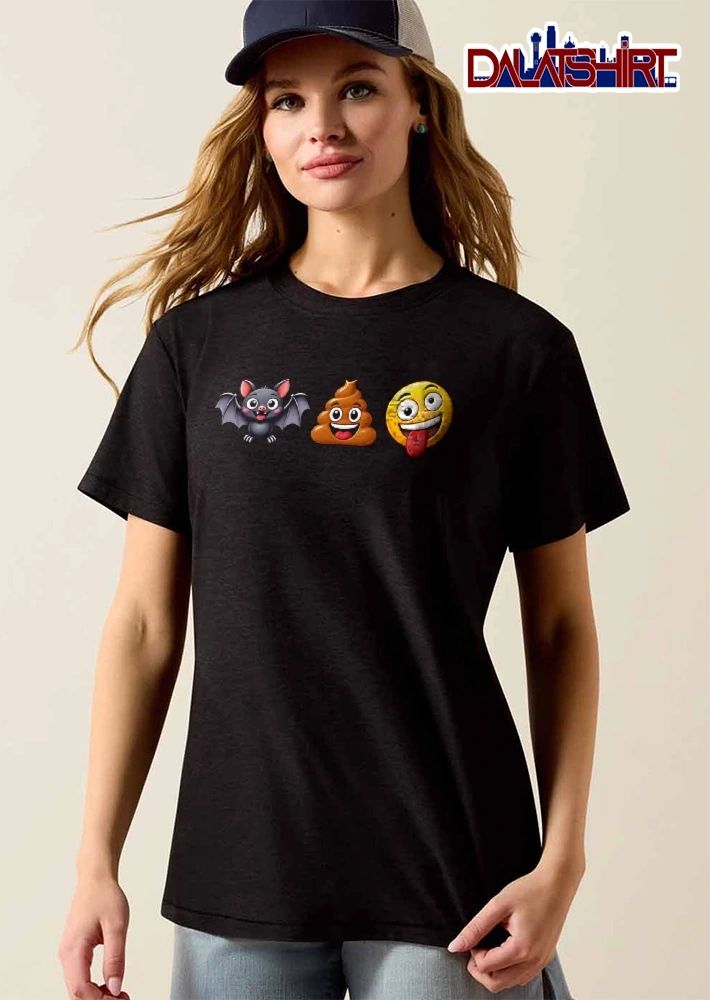Cartoon Cute Black Bat Smiling Poop Pile Crazy Yellow Face Emoji shirt