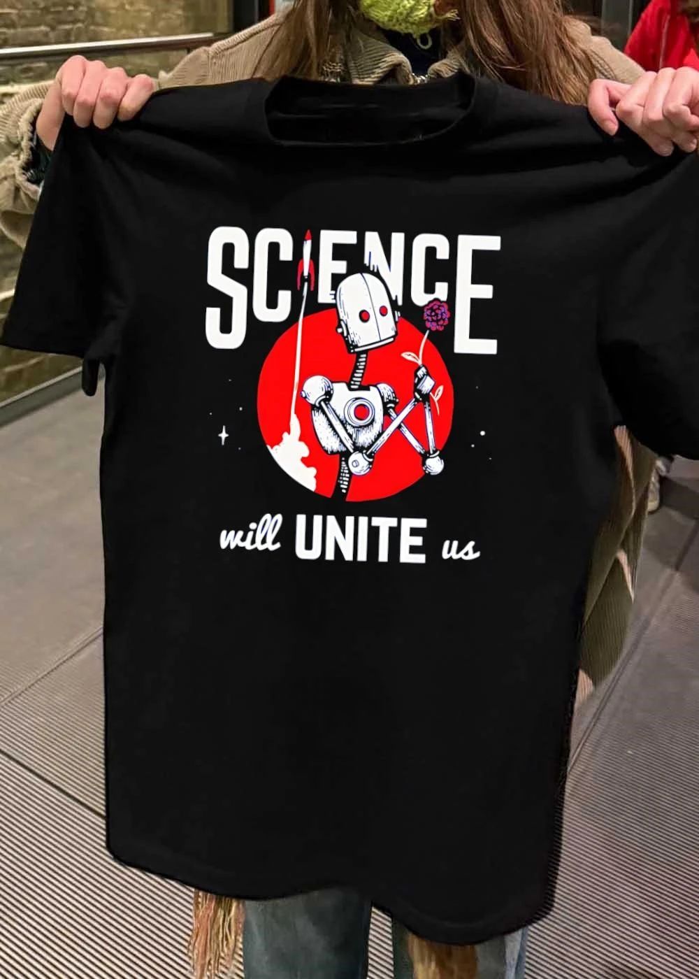 Science Will Unite Us Robot Holding Flower Rocket Space Graphic shirt
