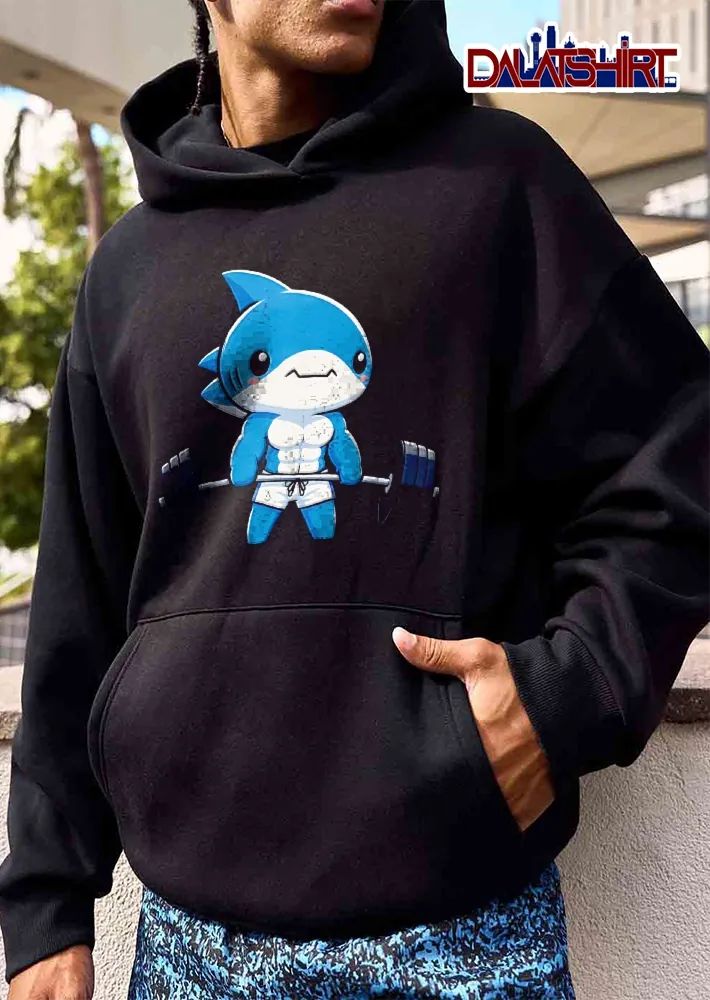 Cartoon Muscular Chibi Shark Gym Bodybuilder Lifting Heavy Barbell shirt