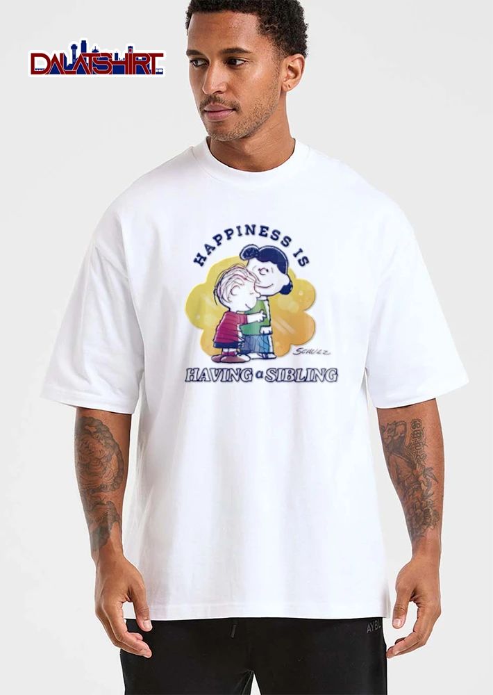 Peanuts Happiness Is Having A Sibling Schulz Cartoon Linus Hugging Lucy shirt