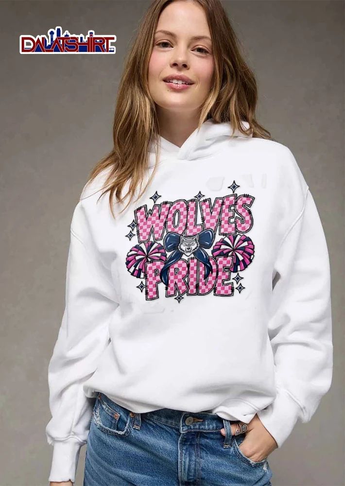 Wolves Pride Pink Checkered Cheerleading Pompoms Wolf Bow shirt