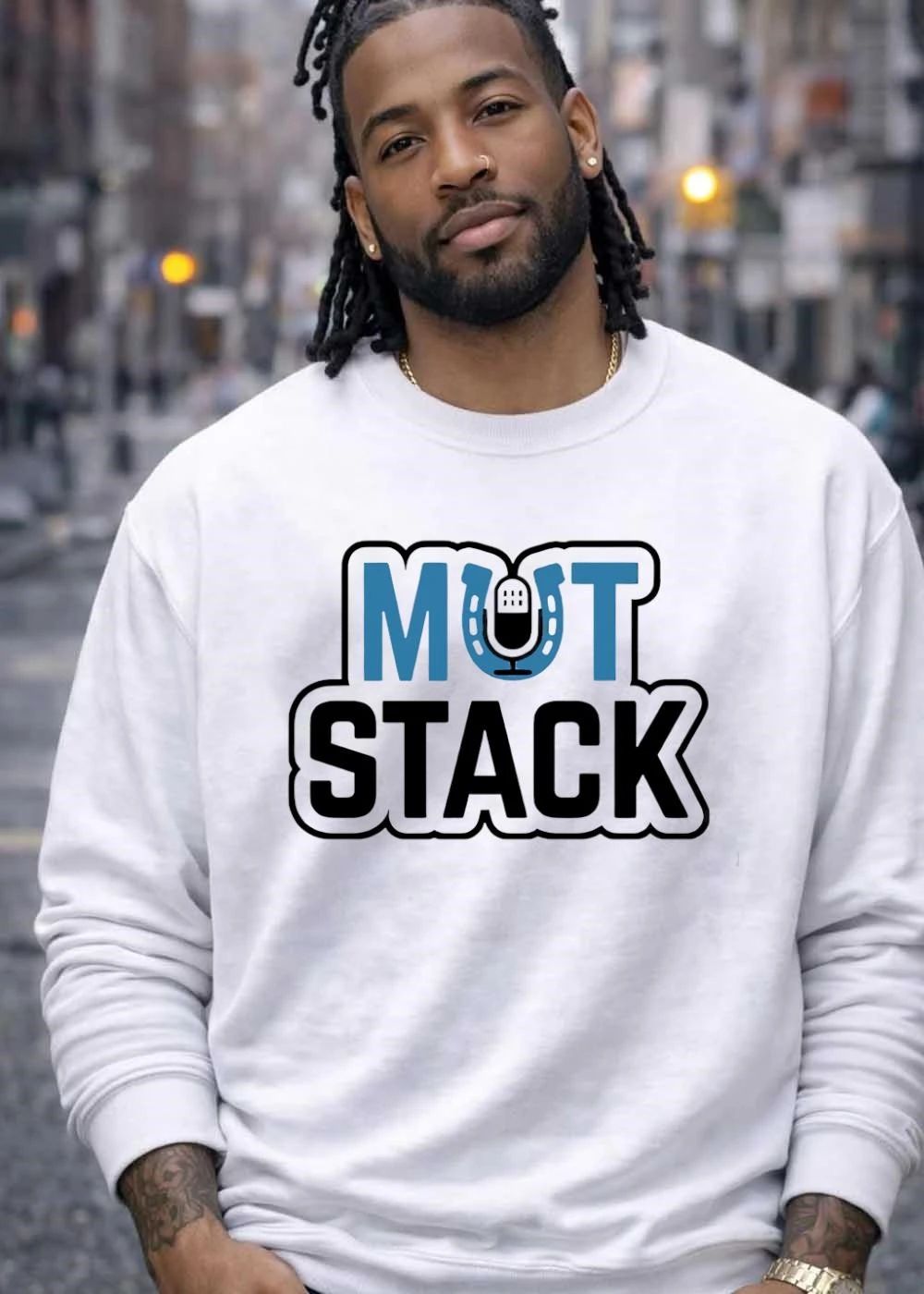 Mut Stack Blue Text Horseshoe Podcast Microphone Icon White Outline shirt