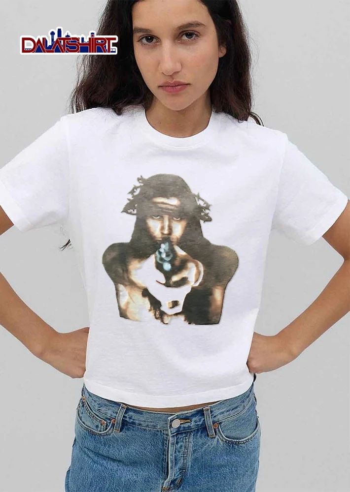 Jesus Christ Crown Of Thorns Holding Handgun Pointing Pistol Dark High Contrast shirt