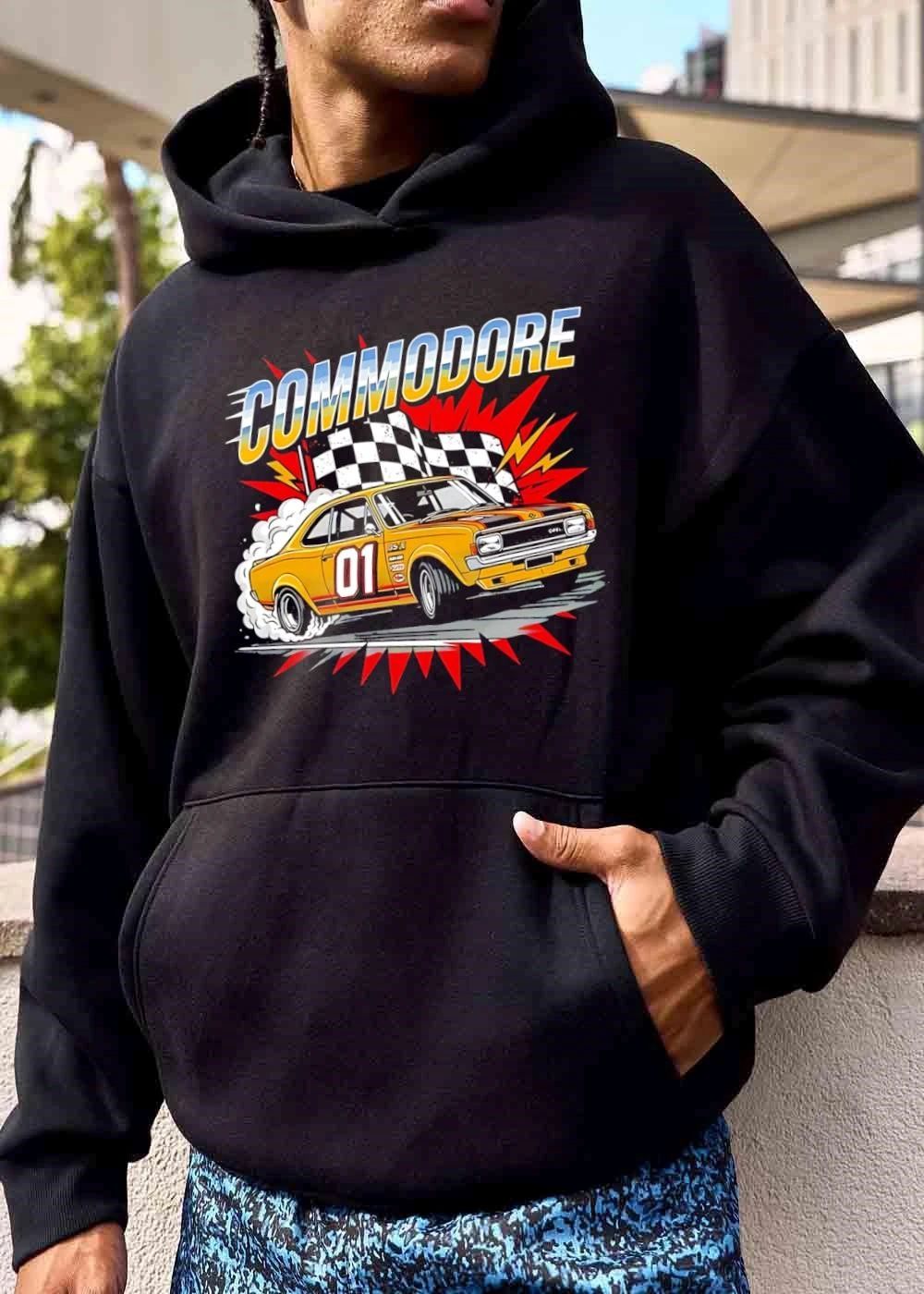 Commodore Yellow Vintage Race Car Drifting Checkered Flag Comic Starburst shirt