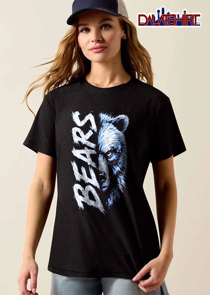 Bears Split Half Bear Head Vertical Text Scratch Art Distressed Blue White shirt